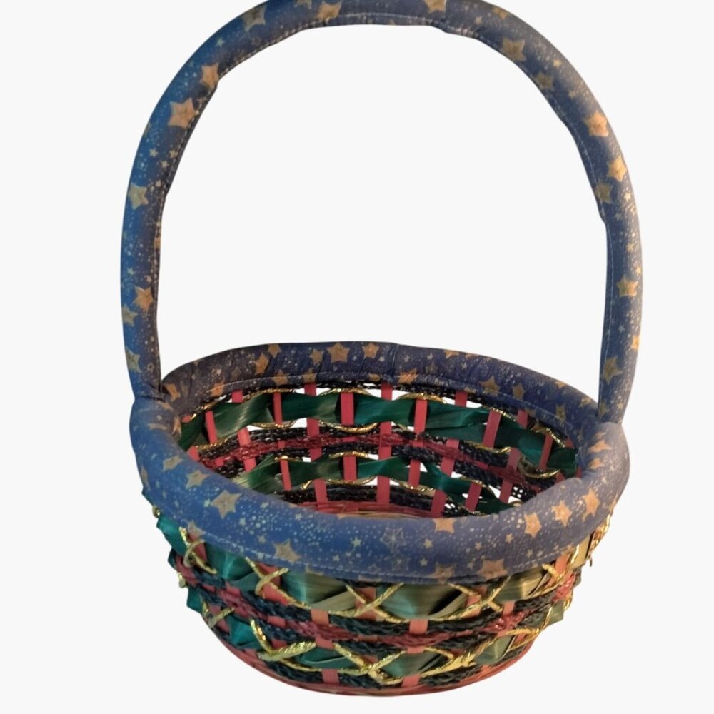 Handcrafted Multicolor Woven Basket Ornate Blue Gold Star Pattern Handle